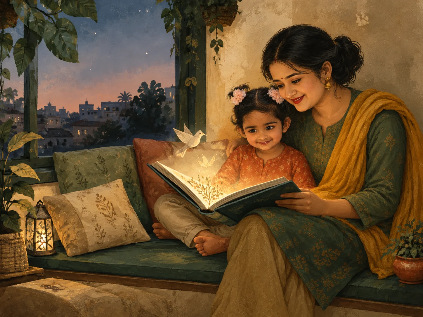 A Parent and Child reading a glowing picture Storybook together