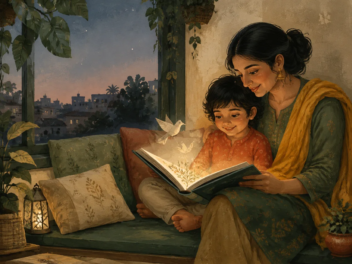 A Parent and Child reading a glowing picture Storybook together